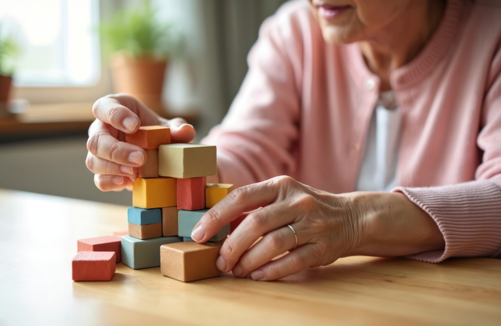 Faceless elderly woman with dementia plays wooden blocks on table, developing motor skills. Senior patient builds tower in retirement home. Game for brain training, memory improvement, cognitive